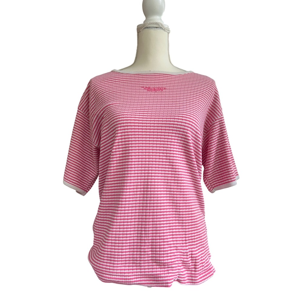 Vintage Pink Striped Ribbed Short Sleeve Top Embroidered Retro Coquette Large